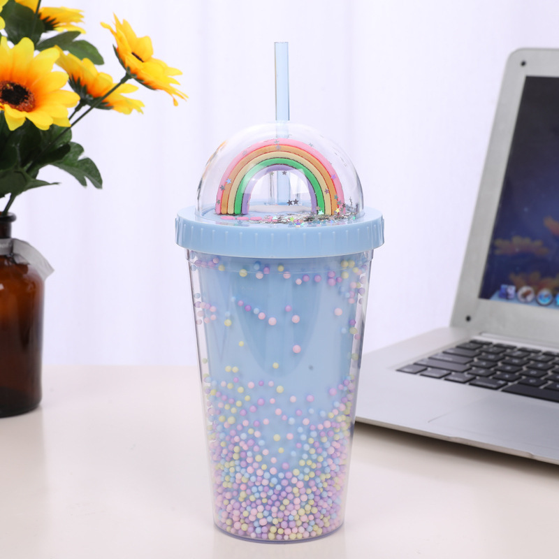 Hot Sale Double Wall Plastic Acrylic Tumbler Bling Glitter Rainbow Tumbler Cup With Straw Lid