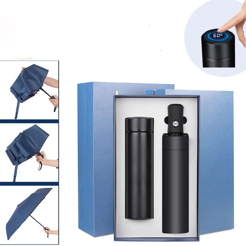 Customized Logo Promotional Gift Temperature Display Vacuum Insulated Water Bottle And Umbrella Set