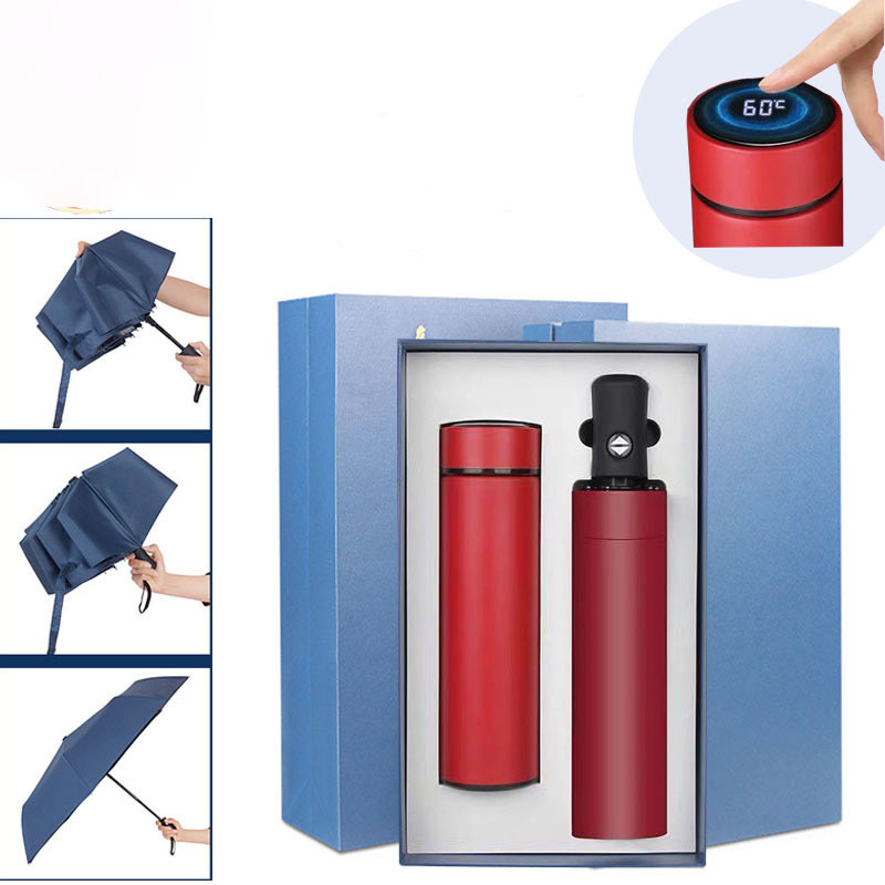 Customized Logo Promotional Gift Temperature Display Vacuum Insulated Water Bottle And Umbrella Set