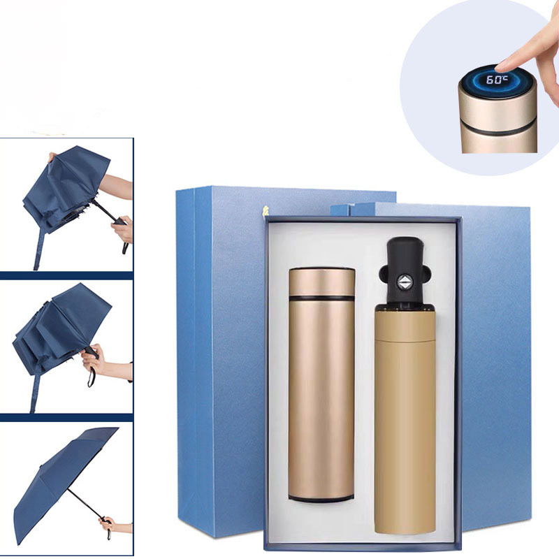 Customized Logo Promotional Gift Temperature Display Vacuum Insulated Water Bottle And Umbrella Set