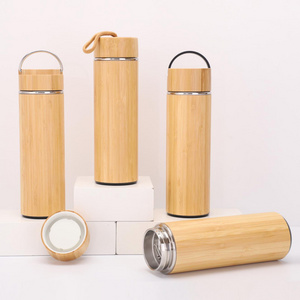 Hot Sale Premium Bamboo Stainless Steel Vacuum Insulated Thermo Bottle 500ML Double Walled Coffee Tea Infuser Tumbler Flask