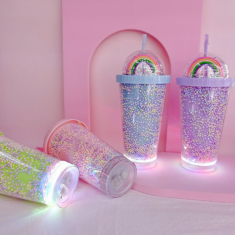 Hot Sale Double Wall Plastic Acrylic Tumbler Bling Glitter Rainbow Tumbler Cup With Straw Lid