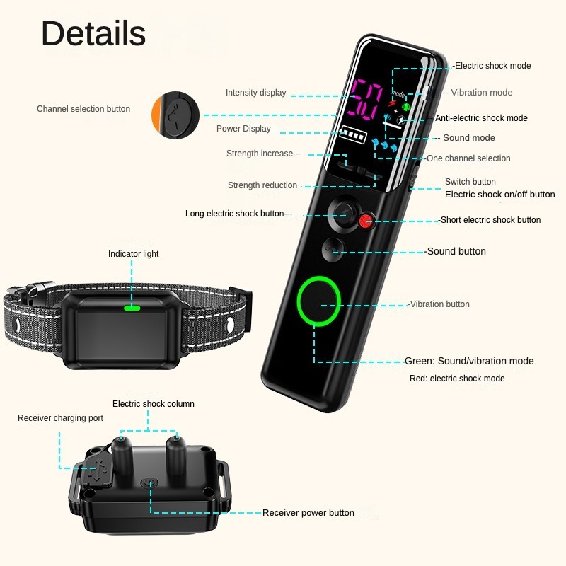 Uniperor Colorful LCD Rechargeable IP67 Waterproof adjustable electric Remotely Control Dog shock collar pet dog bark collar