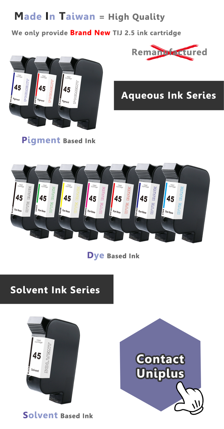 Uniplus 2580 2588 2590 53s js10 Solvent ink cartridge fast dry for plastic package HP 45 HP45