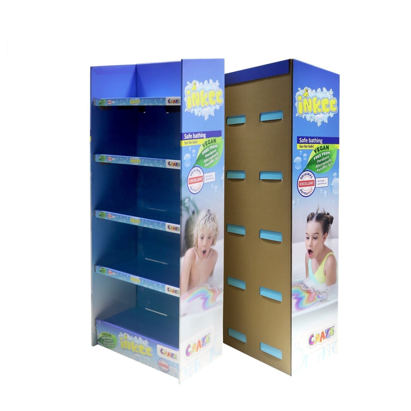 Customized Size Advertising 5 Tiers Cardboard Display Shelf Tower Paper Corrugated Floor Stand Advents Toys Display Box Rack