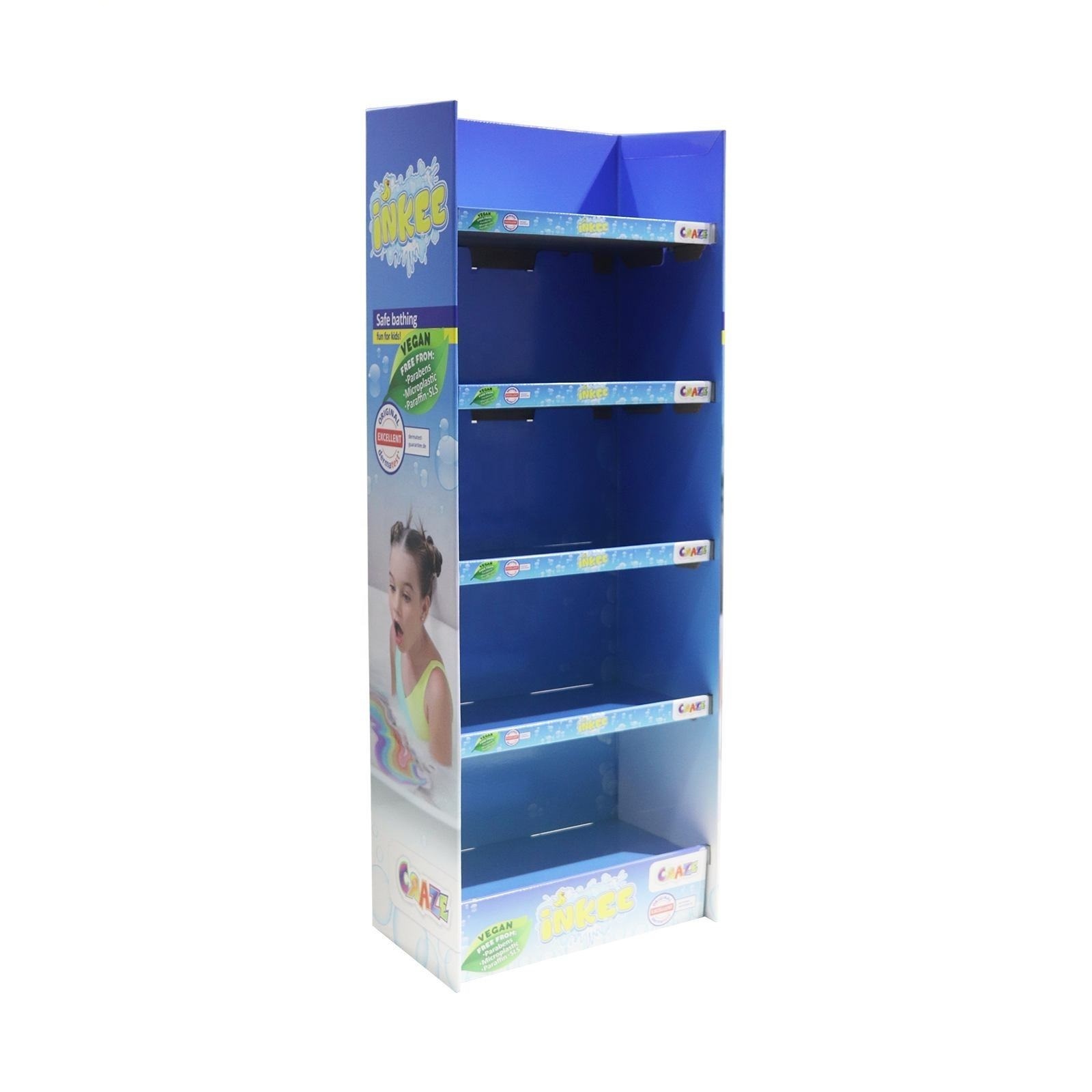 Customized Size Advertising 5 Tiers Cardboard Display Shelf Tower Paper Corrugated Floor Stand Advents Toys Display Box Rack