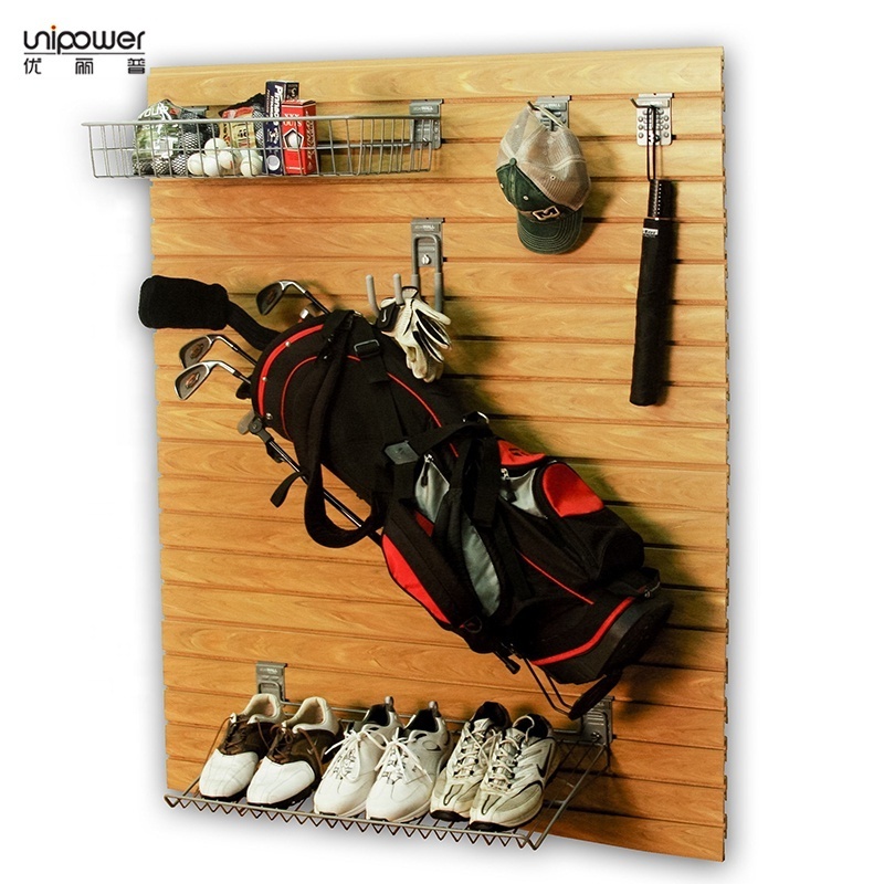 Garage golf rack bag stand and basket wall mounted metal golf rack and basket display for slat wall