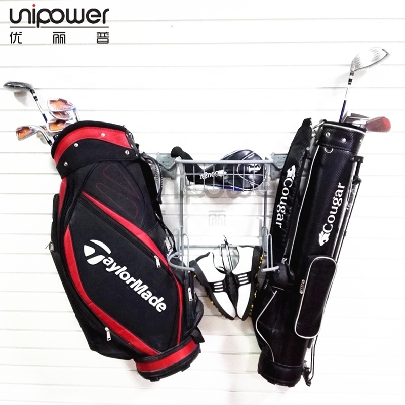 Garage golf rack bag stand and basket wall mounted metal golf rack and basket display for slat wall