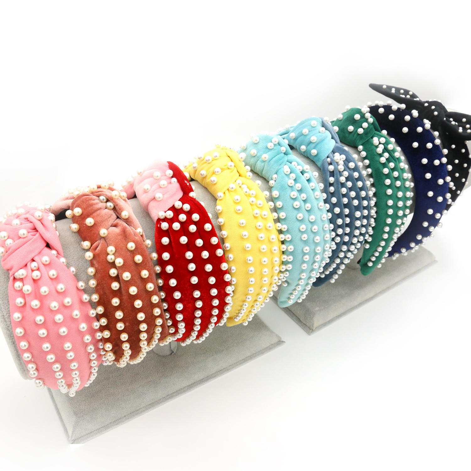 Velvet Fabric Fashion Knot Hairband Pearl Metal Beads Headband for Women Girls Hair Accessories