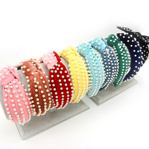 Velvet Fabric Fashion Knot Hairband Pearl Metal Beads Headband for Women Girls Hair Accessories