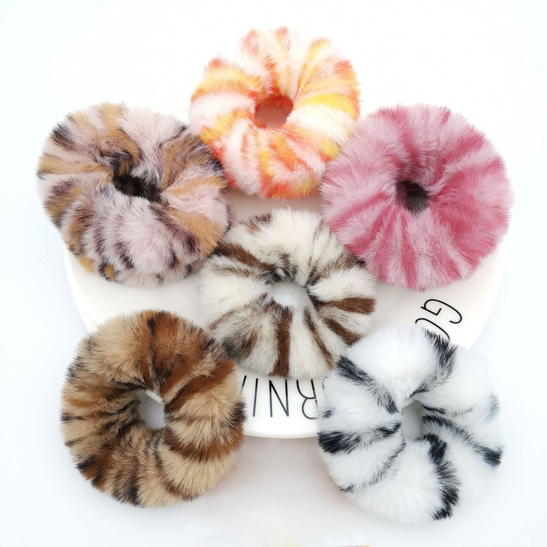 Wholesale Soft Wild Animal Leopard Rainbow Stripe Printted Faux Rabbit Fur Plush Hair Ropes Sexy Ponytail Holder Scrunchies