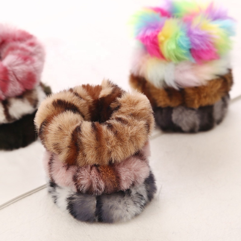 Wholesale Soft Wild Animal Leopard Rainbow Stripe Printted Faux Rabbit Fur Plush Hair Ropes Sexy Ponytail Holder Scrunchies