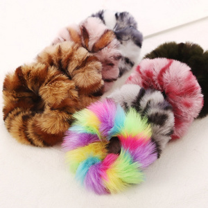 Wholesale Soft Wild Animal Leopard Rainbow Stripe Printted Faux Rabbit Fur Plush Hair Ropes Sexy Ponytail Holder Scrunchies