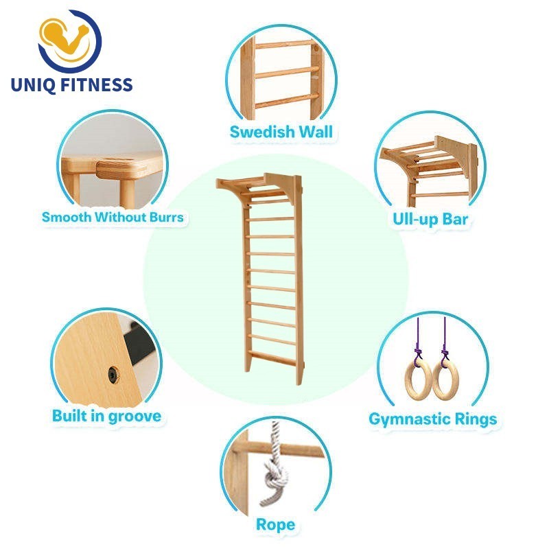 UNIQ Wooden Wall Mounted Swedish Ladder Family Gym Gymnastics Fitness Exercise Ladder Swedish Wall Mounted Bar Indoor Family Gym