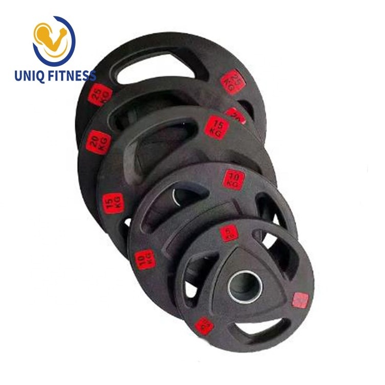 UNIQ  wholesale Rubber Coated Barbell Plate Discs Cast Iron Three Grip Weight Plate for weight lifting training