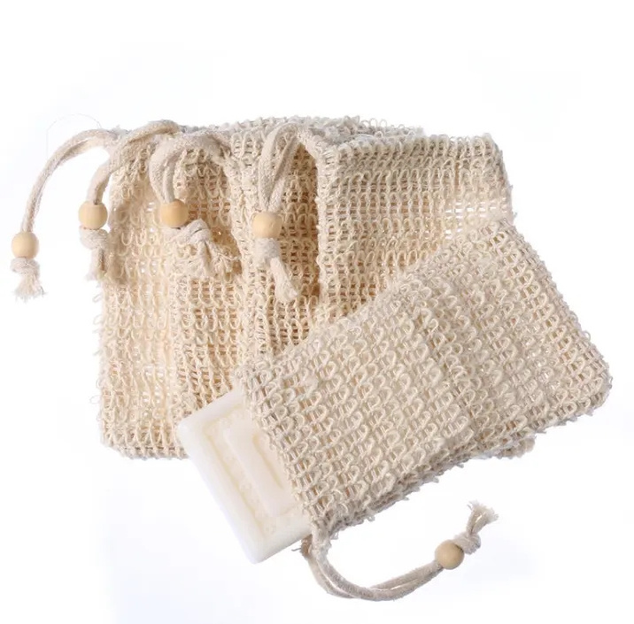 Eco Friendly Wholesale Jute Hemp Bamboo Natural Organic Cotton Drawstring Mesh Bag Sisal Soap Saver Bag Exfoliating Soap Pouch