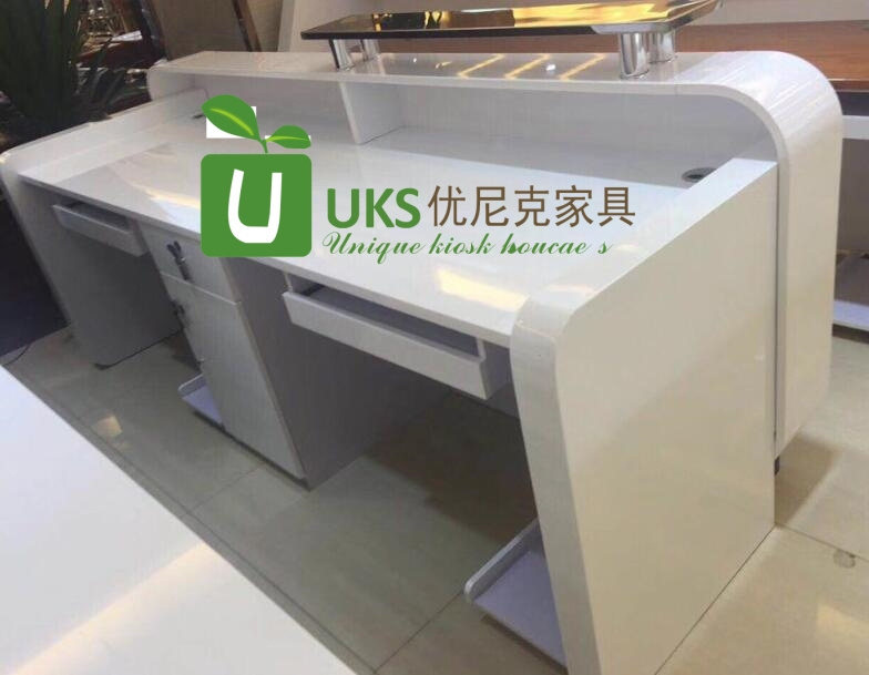 Glossy Furniture Reception Counter With Stainless Steel Counter-top Front Desk With Drawer And Cabinets For Sale