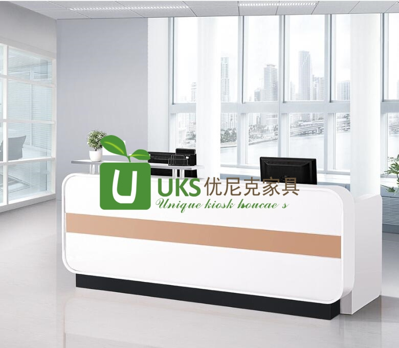 Glossy Furniture Reception Counter With Stainless Steel Counter-top Front Desk With Drawer And Cabinets For Sale