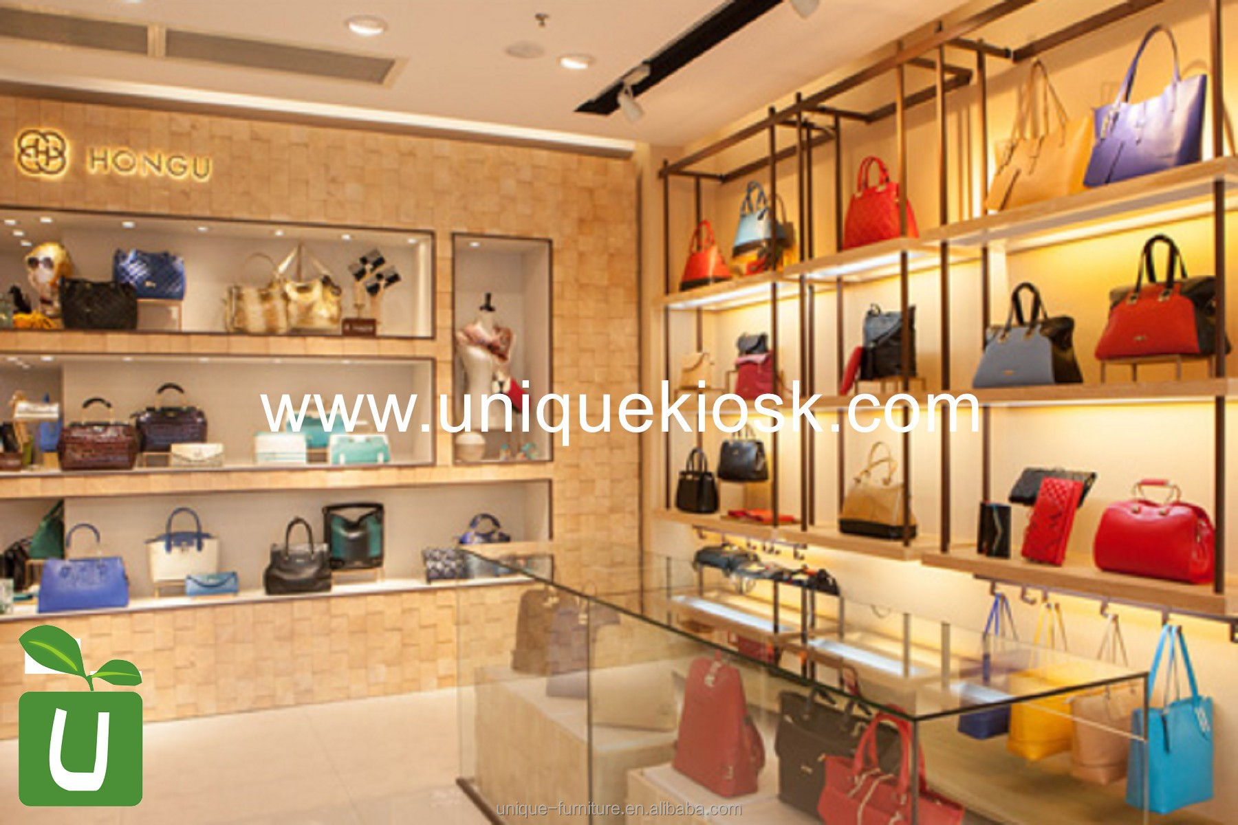 Bright and Luxury Bag Shop Design Display Rack Hat handbag Store Pink Showing Shelves for Supermarket Shop