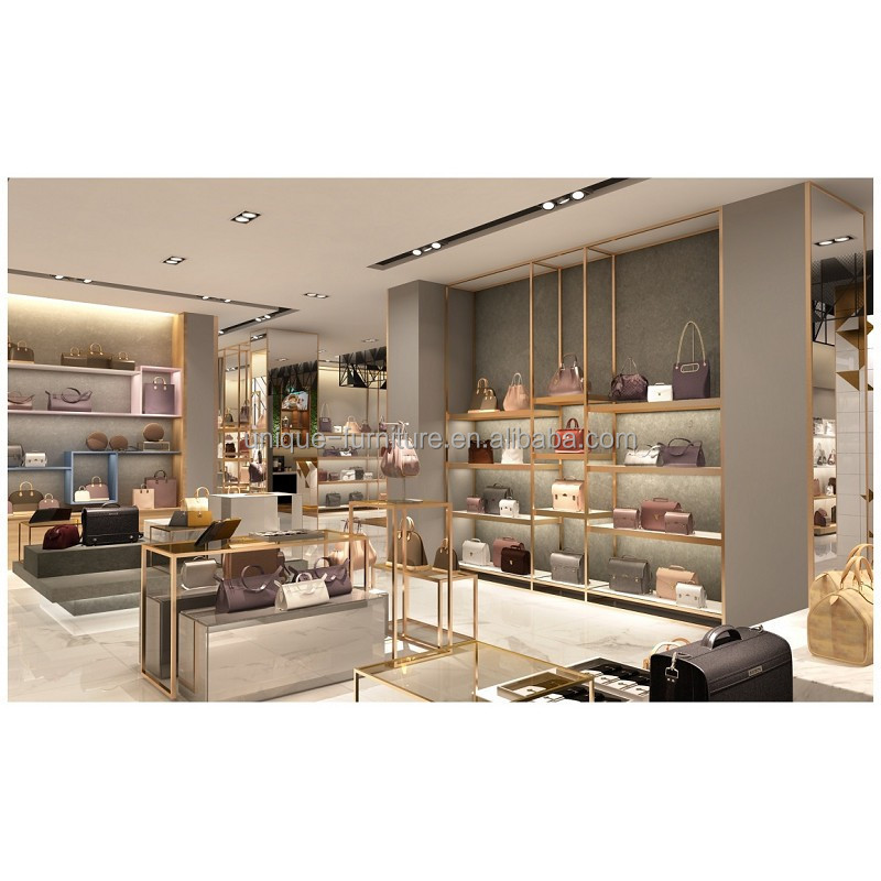 Bright and Luxury Bag Shop Design Display Rack Hat handbag Store Pink Showing Shelves for Supermarket Shop