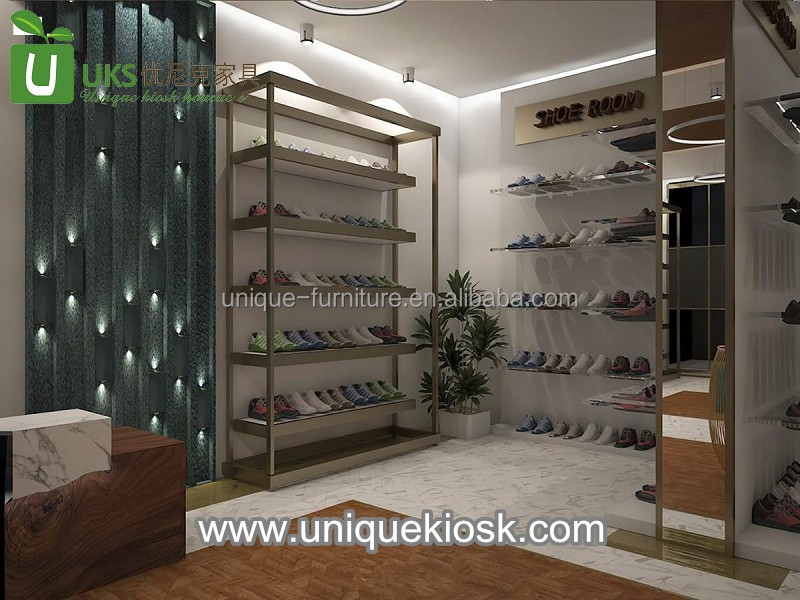 Factory direct sale wall mounted shoe rack metal shoe store display cabinet wooden handbag cabinet with LED light for sale