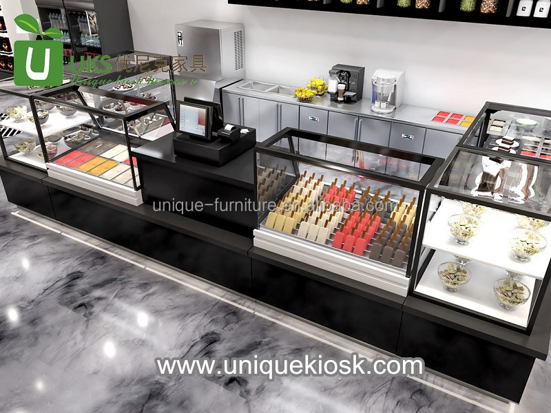 Custom Cafe Bar Counter Fashion Fast Food Restaurant Design Bubble Tea Shop Showcase Cabinet Coffee Counter Table