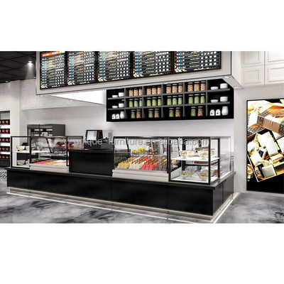 Custom Cafe Bar Counter Fashion Fast Food Restaurant Design Bubble Tea Shop Showcase Cabinet Coffee Counter Table