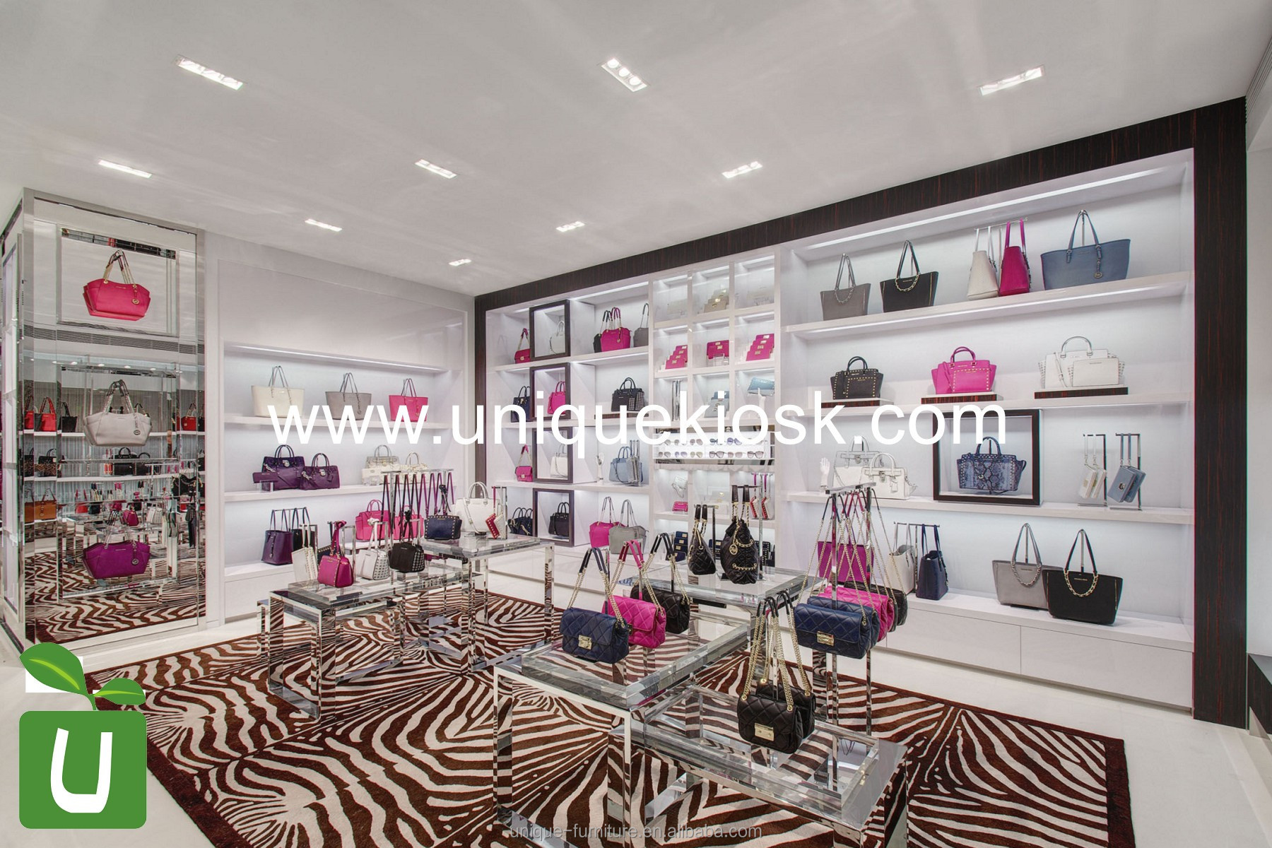 Bright and Luxury Bag Shop Design Display Rack Hat handbag Store Pink Showing Shelves for Supermarket Shop