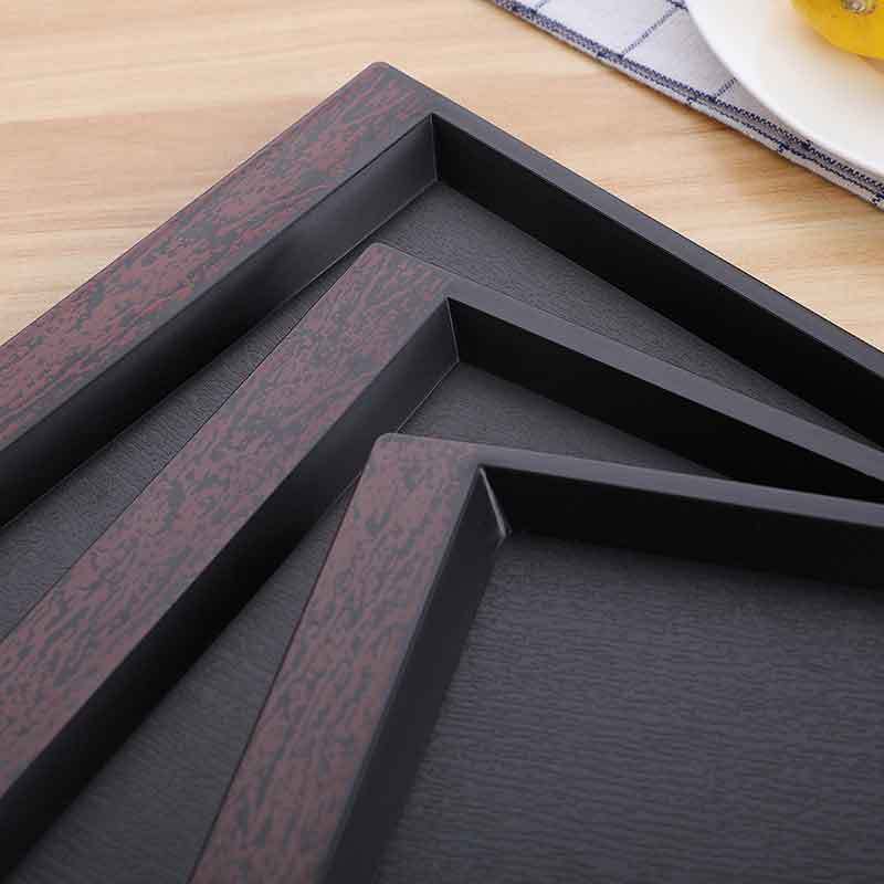 Wholesale Cheap Durable Wooden Grain Rectangle Plastic Serving Trays For Restaurant Hotel