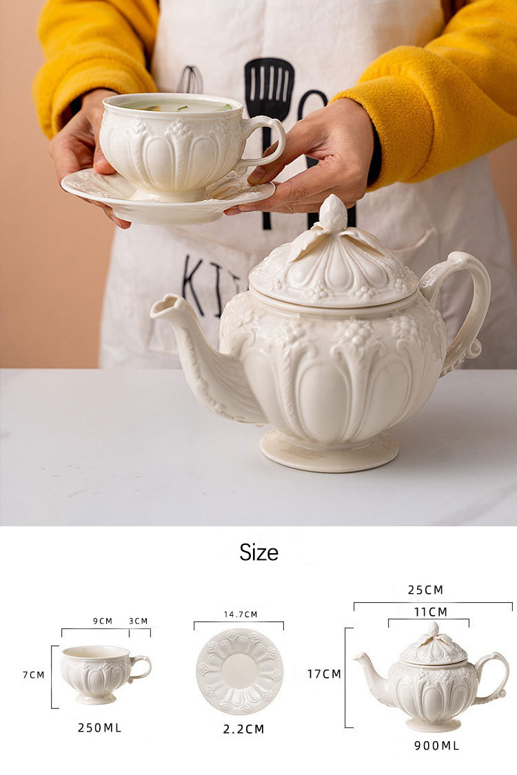 2022 Model British Retro Ceramic Porcelain Tea Cup Embossed Coffee Kettle European Court Style Tea Teapot Set