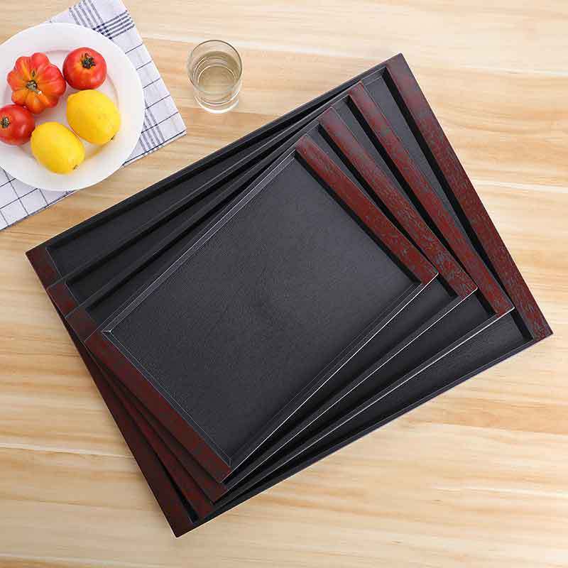 Wholesale Cheap Durable Wooden Grain Rectangle Plastic Serving Trays For Restaurant Hotel