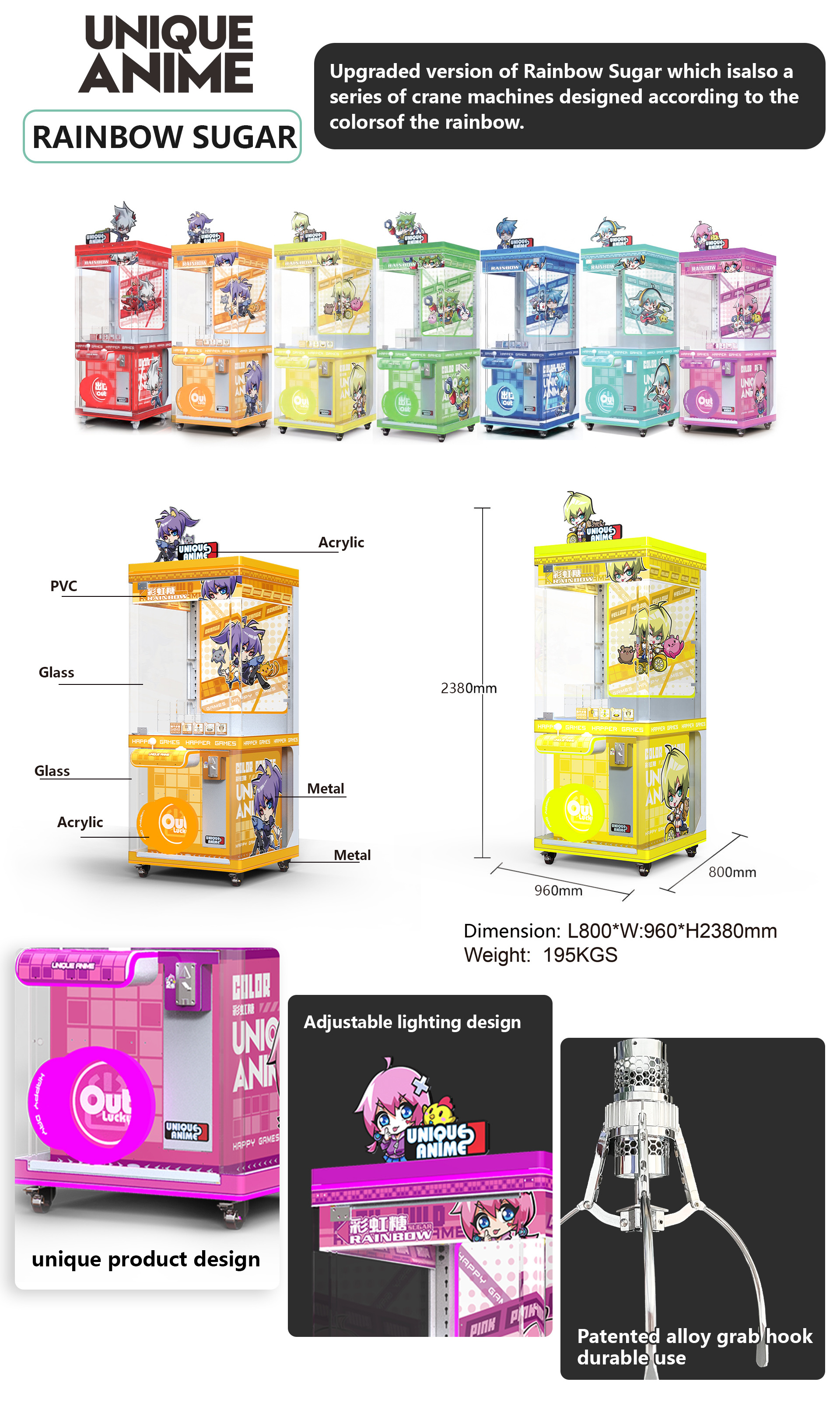 Rainbow Sugar Arcade Claw Dolls Vending Cheap Dolls Catcher Games Machine Coin Operated Toy Arcade Crane Claw Machine