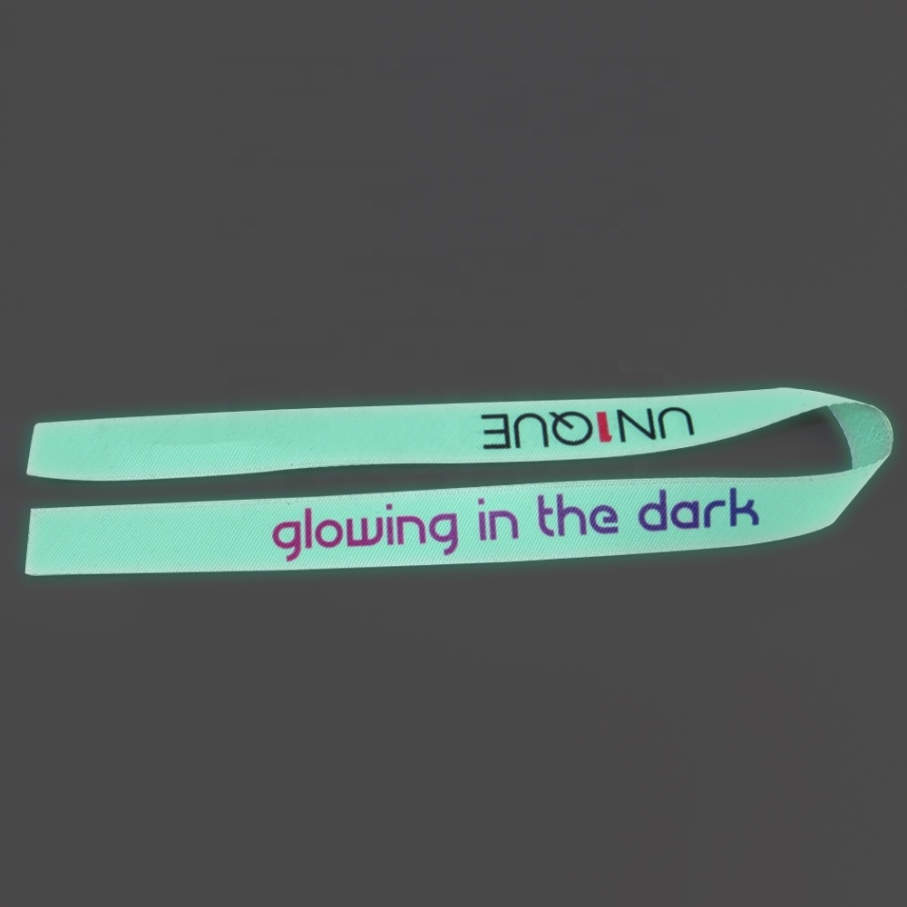 Promotional Glowing in the dark event ribbon wristband with one time off buckle