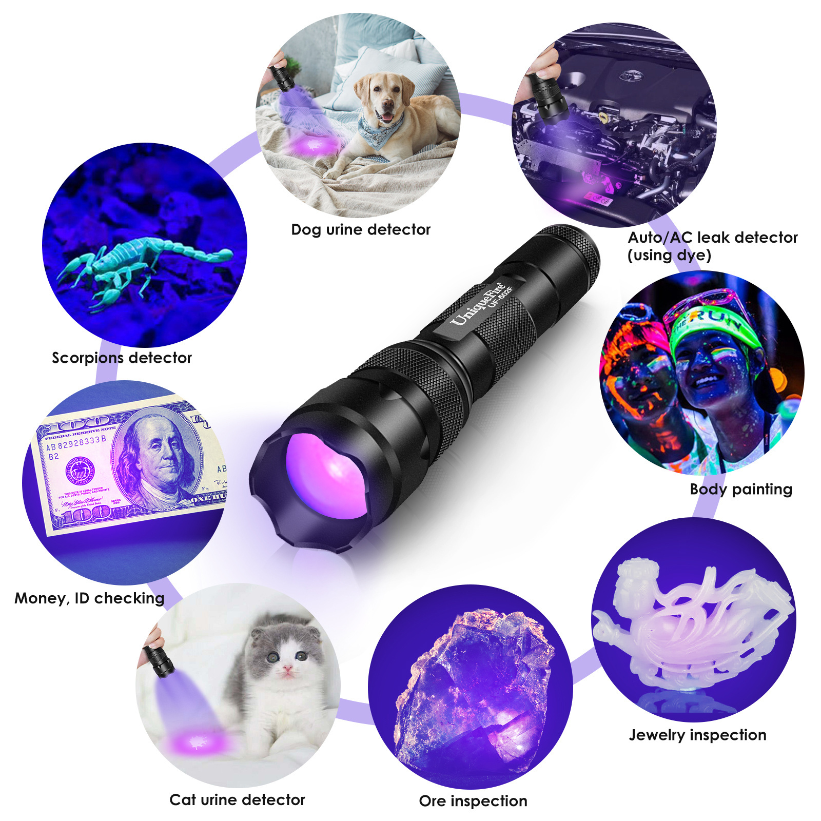 UniqueFire 502F Led UV 3W 395mn High Quality 18650 Patrol Scorpion Flashlight For Pets Interactive