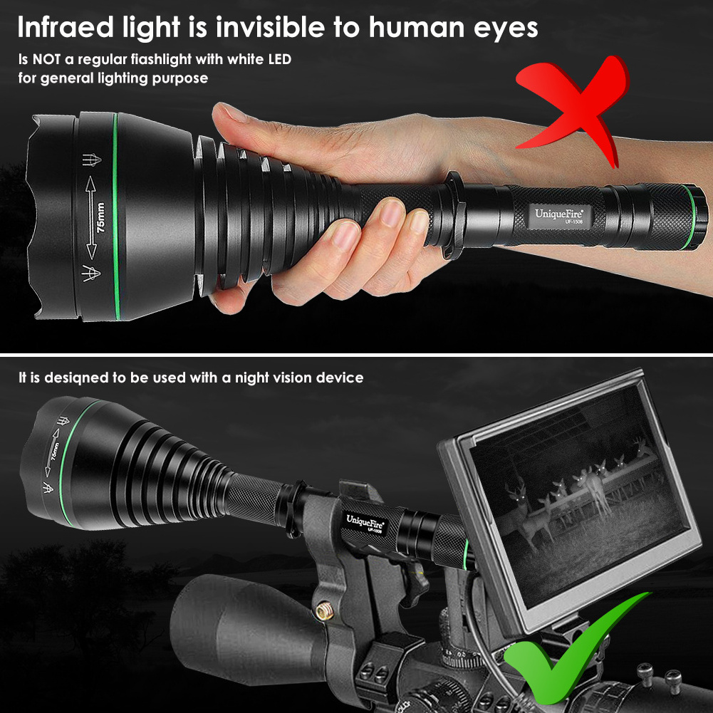 UniqueFire Led Infrared IR 850nm Night Vision Focus Adjustable Rechargeable Self Defence Linterna Hunting Torch Light