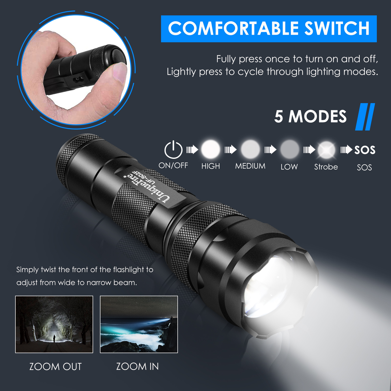 UniqueFire  502F New Tactical Zoomable With High Lumen Hiking  Flashlight for Emergency and Outdoor Use LED Torch