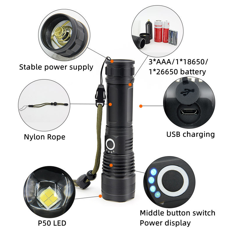 UniqueFire Type-C Security Hotel Powerful Rechargeable Zoom Fishing Lantern Powerful Tactical Waterproof XHP50 LED Flashlight