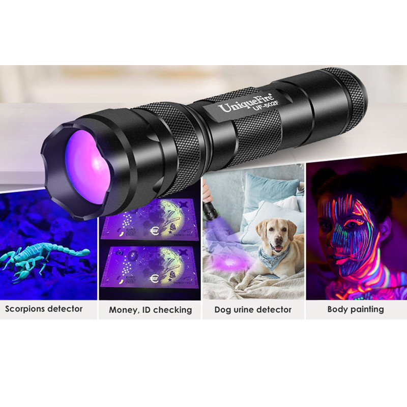 UniqueFire 502F Zoom Flashlight 365/395nm Cat Dog pet urine UV Detection lamp bacterial uv black light torch