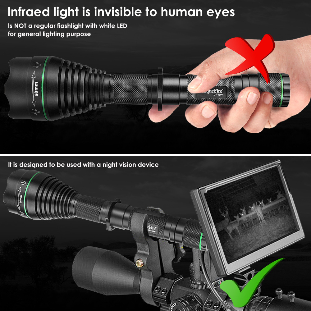 UniqueFire 1508-50 Zoomable IR hunting 850nm 5W Infrared LED  Invisible For Night Vision High Power Hunting Torch Flashlight