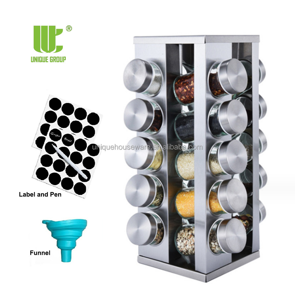 UNIQUE GROUP 20 Jar Spice Rack with Spices Included - Revolving Tower Organizer for Kitchen Spices and Seasonings