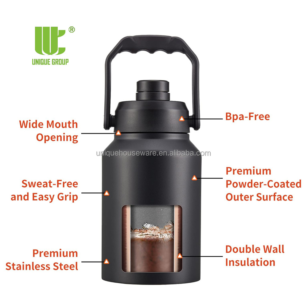 Unique Group 64oz Growler 18/8 Stainless Steel Water Bottle Insulated Water Bottle 1 Gallon Jug Drink Bottle