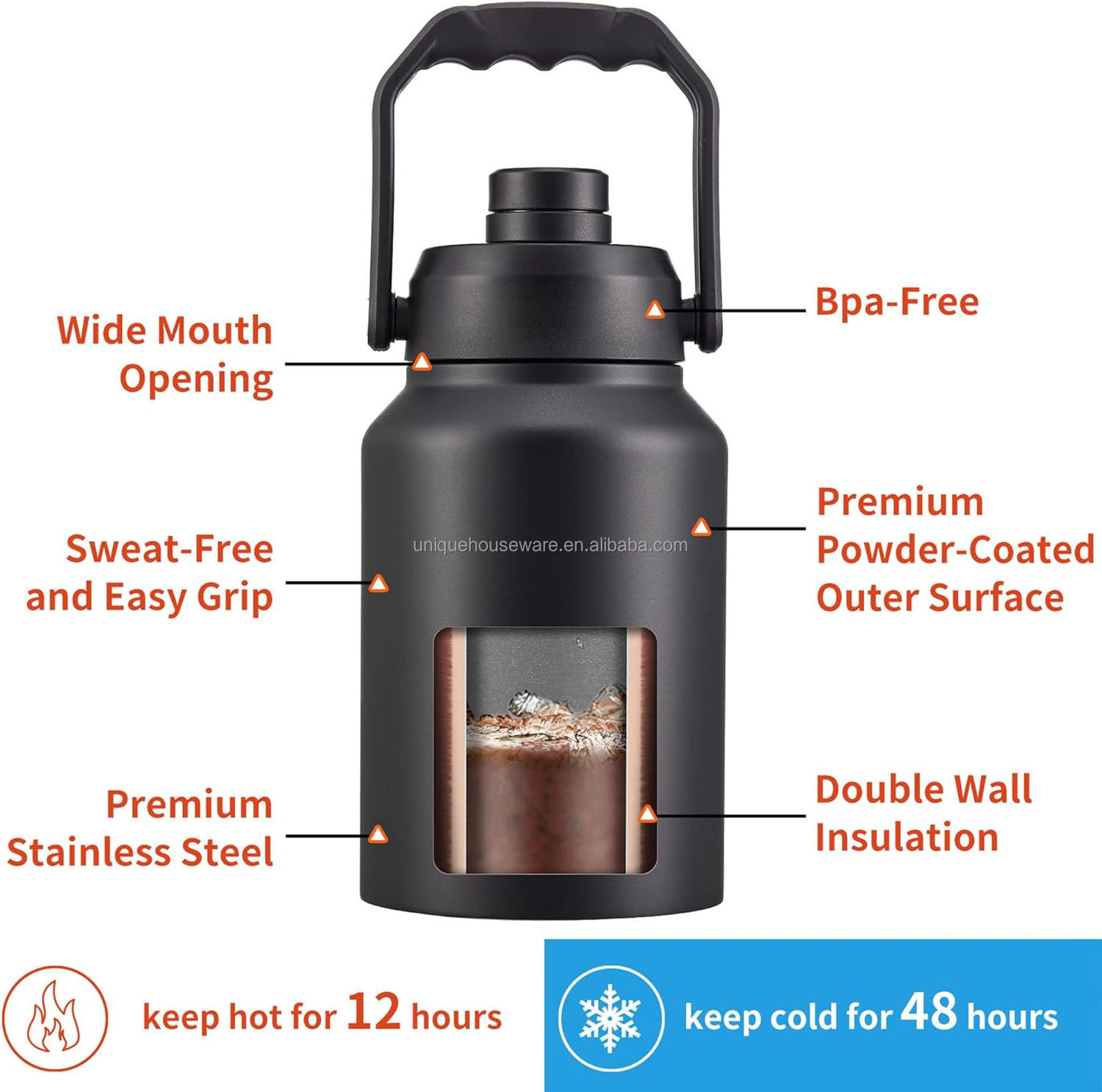 Unique Group 64oz Growler 18/8 Stainless Steel Water Bottle Insulated Water Bottle 1 Gallon Jug Drink Bottle