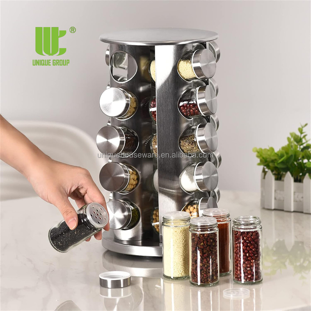 20 Jar Stainless Steel Revolving Spice Rack Organizer Round Carousel Tower Countertop With Reusable Labels and Funnel