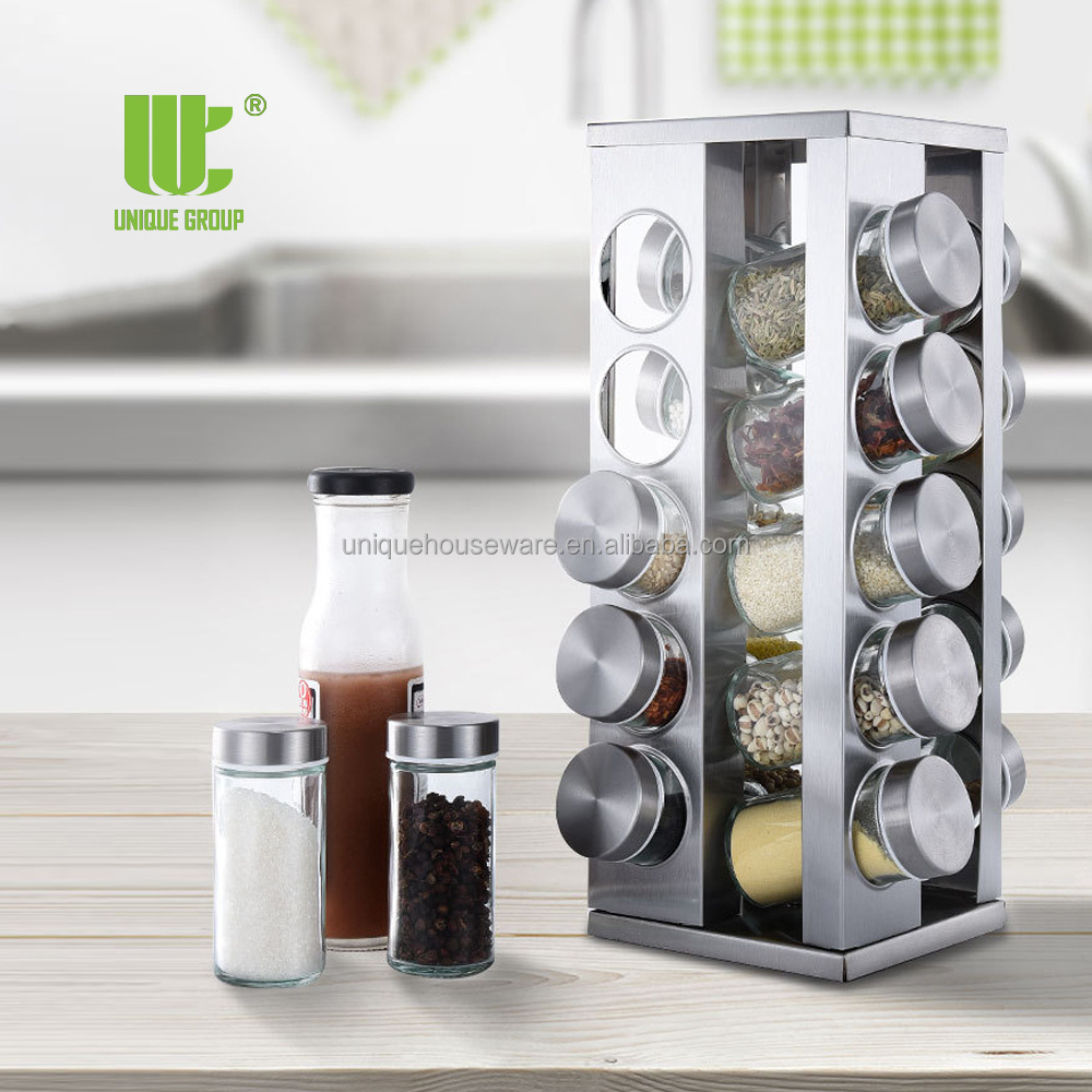 UNIQUE GROUP 20 Jar Spice Rack with Spices Included - Revolving Tower Organizer for Kitchen Spices and Seasonings