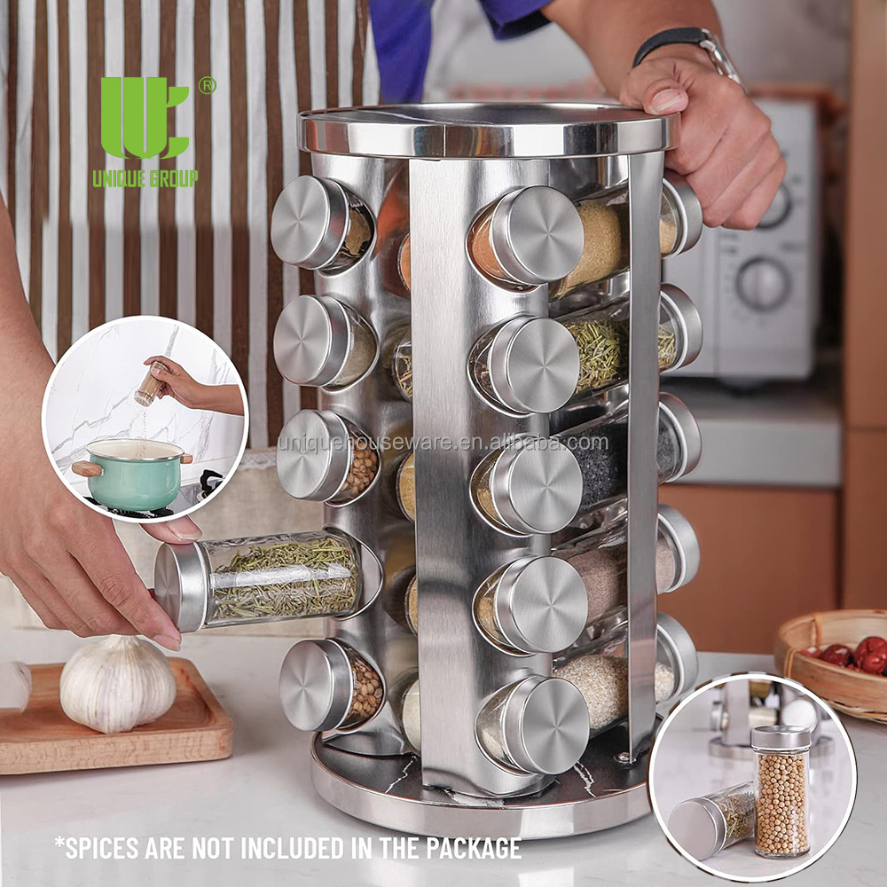 20 Jar Stainless Steel Revolving Spice Rack Organizer Round Carousel Tower Countertop With Reusable Labels and Funnel