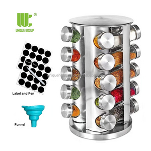 20 Jar Stainless Steel Revolving Spice Rack Organizer Round Carousel Tower Countertop With Reusable Labels and Funnel