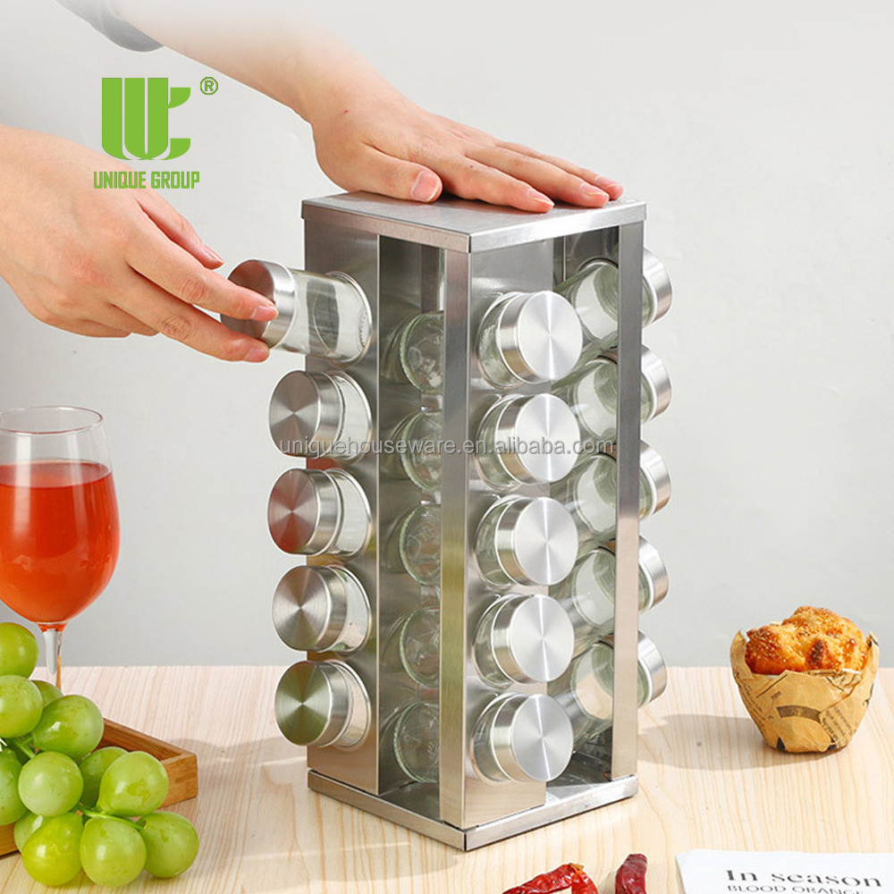 UNIQUE GROUP 20 Jar Spice Rack with Spices Included - Revolving Tower Organizer for Kitchen Spices and Seasonings