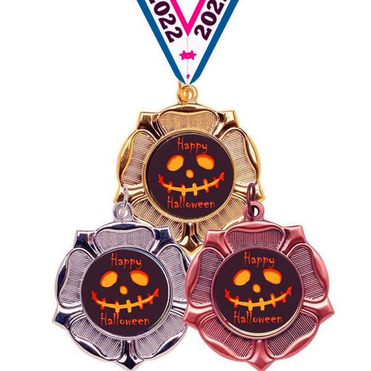 Custom Halloween Theme Medal Trophy Ribbons Contest Award Ribbon Halloween Party Witch Ghost Bat Skeleton Pumpkin Medal Trophies