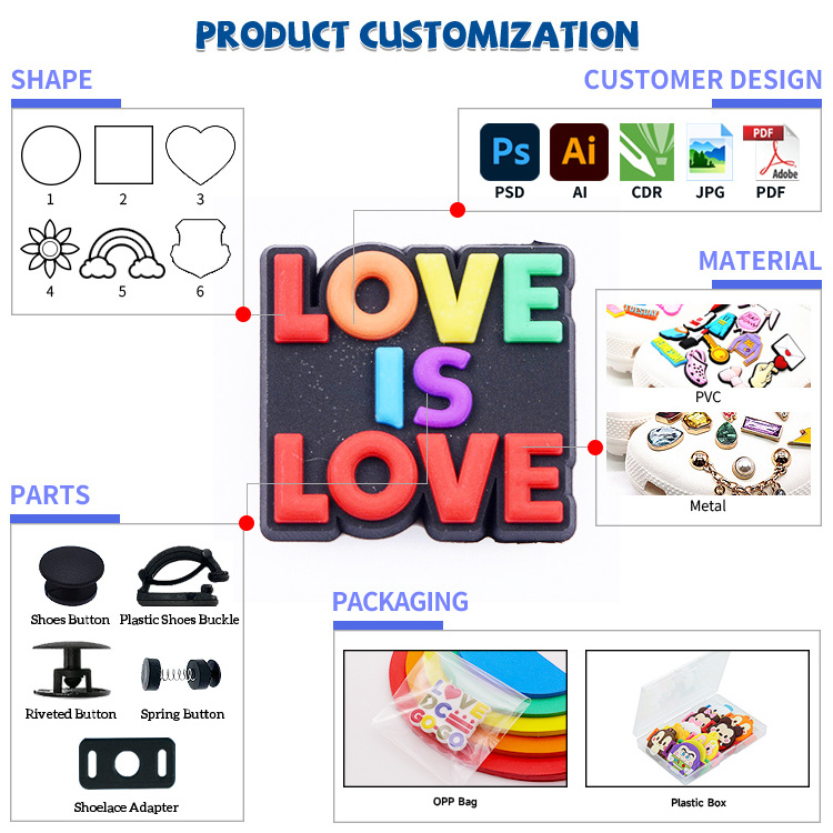 Custom PVC Charm Homosexual Love Pride Rainbow Clog Decoration LGBT Flag Garden Slipper Rubber Accessories Shoe Ornament