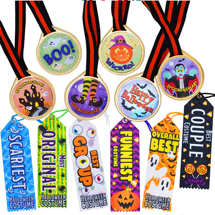 Custom Halloween Theme Medal Trophy Ribbons Contest Award Ribbon Halloween Party Witch Ghost Bat Skeleton Pumpkin Medal Trophies